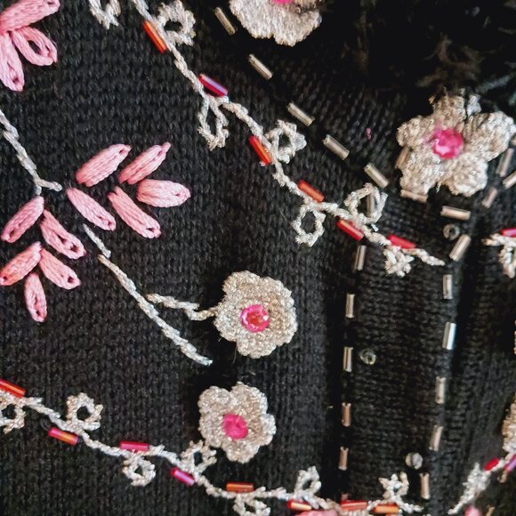Storybook Knits LRG Long Black Cardigan Sweater Embellished Pink, Silver, Black - Picture 7 of 16